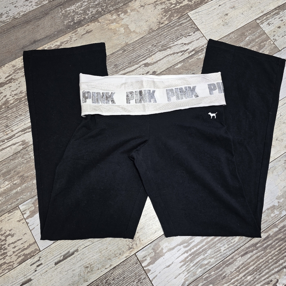 Victoria's Secret PINK Foldover Sequin PINK Logo Black Women's Leggings L Y2K